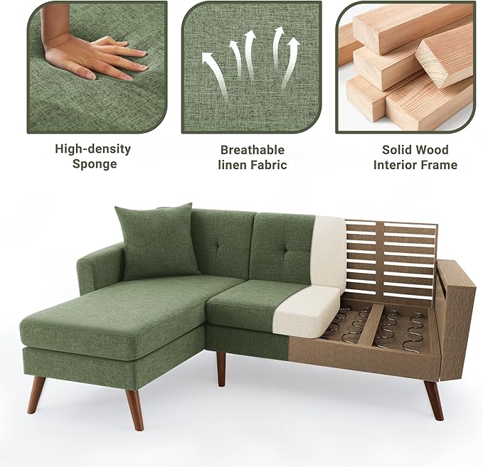 Tbfit L Shaped Couch Sofa, 80" W Mid-Century Modern Sectional Couches, 3 Seater Sofas with Wide Chaise Lounge, Button Tufted Upholstered Sectional Sofa for Living Room, Bedroom, Green