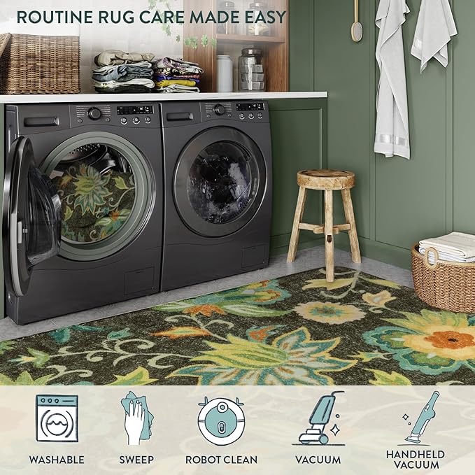 Lahome Machine Washable Floral Living Room Rugs - 5x7 Area Rugs for Bedroom Non-Slip Large Throw Kitchen Rug Soft Green Modern Dinning Room Rug Distressed Indoor Carpet for Entryway Office Room