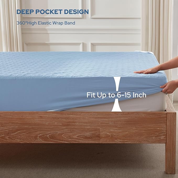 BEDLORE Waterproof Mattress Protector, Cal King Size Mattress Pad with Deep Pocket 6"-19" Depth, Soft Dirt-Proof Double Bed Mattress Cover for Bedroom, College Dorm, Hotel (Sky Blue)