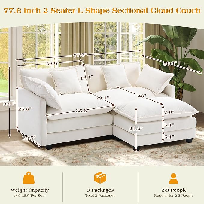 77.6" Modular Sectional Sofa,Loveseat Couch for Living Room, Modern Deep Seat Sofa 2 Seater Chenille Fabric Comfy Cloud Couches with Throw Pillows & Ottoman for Living Room,Apartment