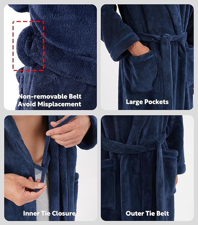 DAVID ARCHY Men's Hooded Robe Soft Coral Fleece Microfiber Bathrobe