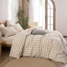 BESTOUCH Duvet Cover Set 100% Washed Cotton Linen Feel Super Soft Comfortable Chic Lightweight 3 PCs Home Bedding Set Almond Grey & White Grid King