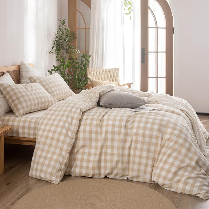 BESTOUCH Duvet Cover Set 100% Washed Cotton Linen Feel Super Soft Comfortable Chic Lightweight 3 PCs Home Bedding Set Almond Grey & White Grid King
