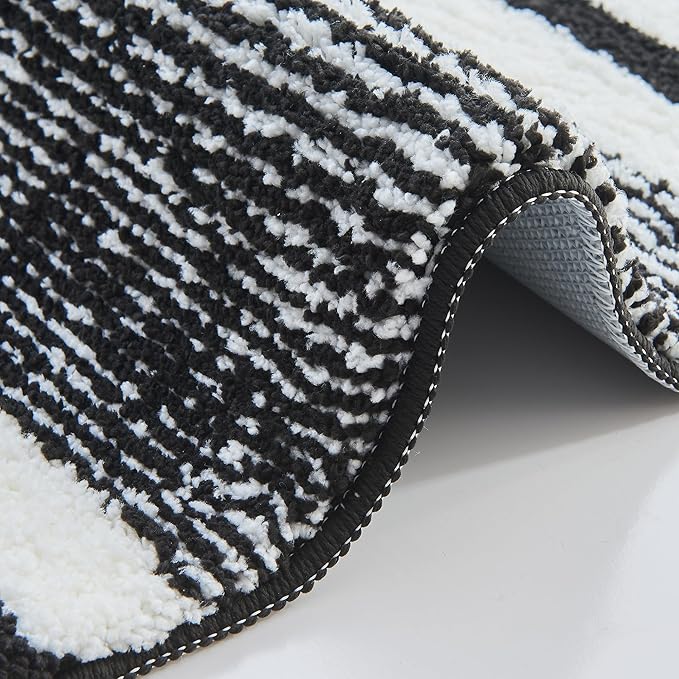 CozeCube Bath mats for Bathroom Non Slip, Fluffy Absorbent Microfiber Bath mat Washable, Aesthetic Bathroom Rugs, Large Jet Black Striped Bath mat, Jet Black, 36" x 24"
