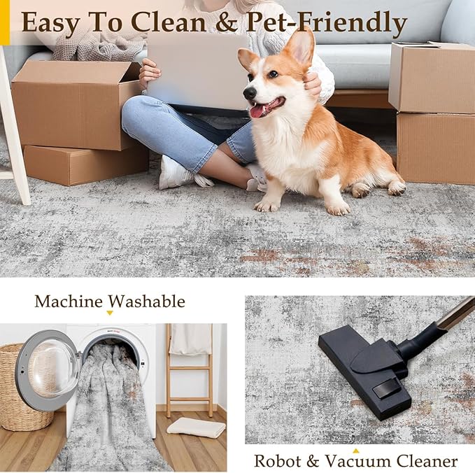 8x10 Washable Area Rug Grey Rust Abstract Living Room Bedroom Carpet Neutral Modern Non-Slip Soft Low Pile Lightweight Vacuumable Large Throw Rug for Dining Room
