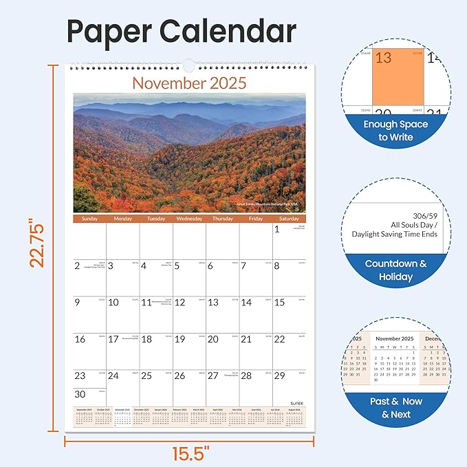 SUNEE 2026 Wall Calendar Large 22.75"x15.5", 21 Month from October 2025 to June 2027, Vertical Extra Large Monthly Calendar 2026-2027 for Wall, National Parks