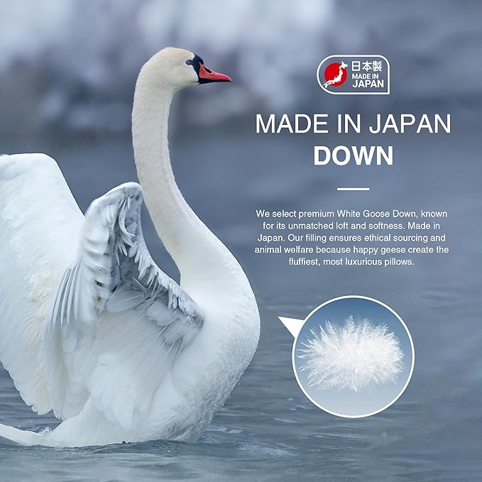 UNIKOME White Goose Down Feather Pillows - 100% Cotton Cover - Queen Size Pillow Set of 2, Made in Japan Pillow for Sleeping