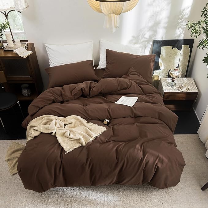 FOSSA Duvet Cover Set 100% Washed Cotton Linen Feel Super Soft Breathable Cozy 3 Pieces Bedding Sets Solid Cocoa Brown Oversized King