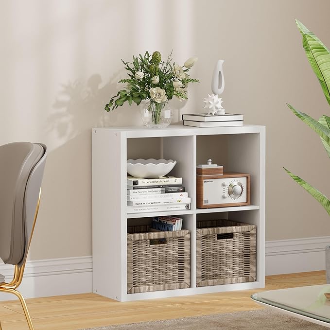 4 Cube Storage Organizer, 2x2 Cube Bookshelf, Cubby Storage Shelf, Wooden Organizer Shelf with Thickened Boards, for Closet Bedroom Home Office Living Room, 25.12" L x 9.37" W x 25.12" H, White