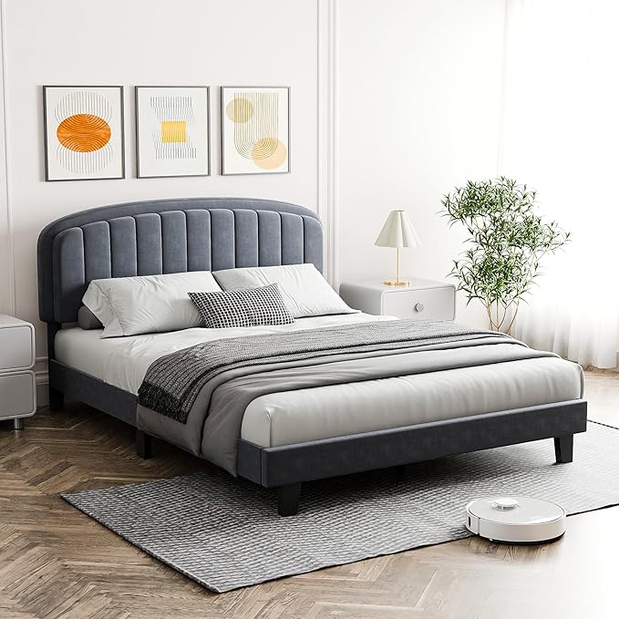 Cozy Castle Queen Bed Frame with Adjustable Vertical Channel Tufted Headboard, Velvet Upholstered Platform Bed with Wood Slats, Mattress Foundation, No Box Spring Needed, Easy Assembly, Gray