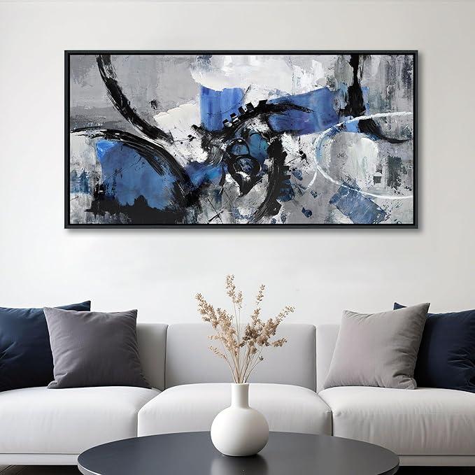 Blue Abstract Canvas Wall Art: Large Wall Art Paintings for Living Room, Modern, Framed Artwork in Blue and Black -Bedroom, and Office Decorations for Work - Gray Pictures for bedroom Wall Decor