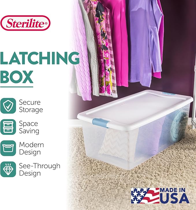 Sterilite 20-Pack Latching Box, Under Bed Storage Bins with Lids, Clear Plastic, 106 Quart - Heavy-Duty Organizing Containers for Closet, Bathroom, and Office