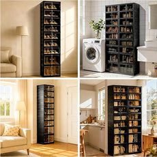 Foldable Shoe Organizer Storage Box Set of 2, Portable Extra Large Folding Shoe Rack for Closet, Shoe Storage Box with Magnetic Transparent Door and Wheels, 9 Layers 18 Grids with 4 Big Grids