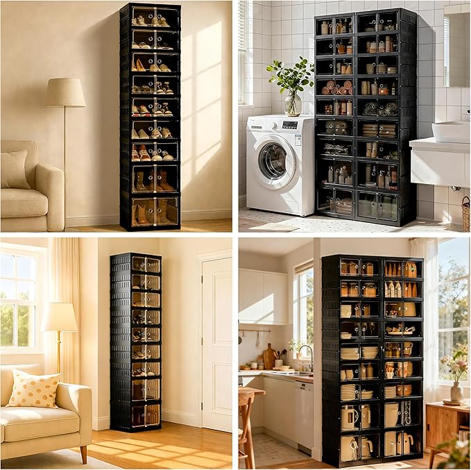 Foldable Shoe Organizer Storage Box Set of 2, Portable Extra Large Folding Shoe Rack for Closet, Shoe Storage Box with Magnetic Transparent Door and Wheels, 9 Layers 18 Grids with 4 Big Grids