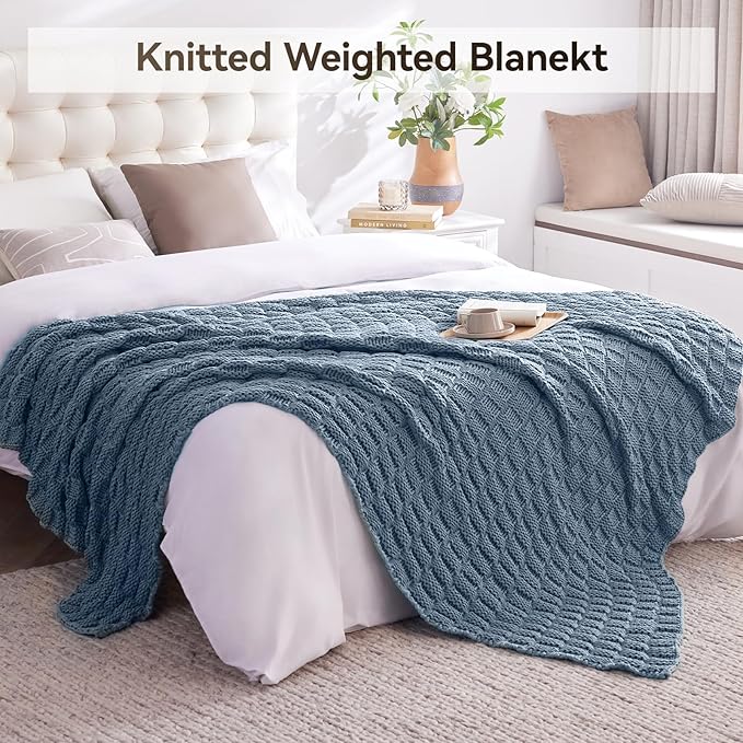 Knitted Weighted Blanket for Adult, No Beads Heavy Blanket 50” x 60'' 7lbs, Breathable Chunky Knit Blanket, Cooling Weighted Blanket for Hot Sleepers, Christmas Home Decor (Light Blue)