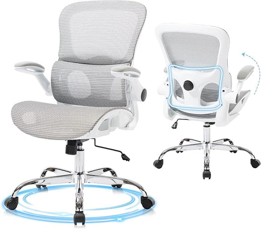 Office Chair, Ergonomic Desk Chair with Adjustable High Back 2D Lumbar Support Flip-up Armrests, Executive Breathable Mesh Comfy Swivel Rolling Computer Task Chair for Home Office Study Work Gaming
