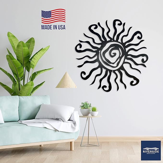 Riverside Designs Wacky Sun Metal Wall Art Indoor/Outdoor Decor - 36" Black Rust Proof Wall Sculpture - Made in USA - Ideal for Bedroom, Garden, Home, Patio and Farmhouse