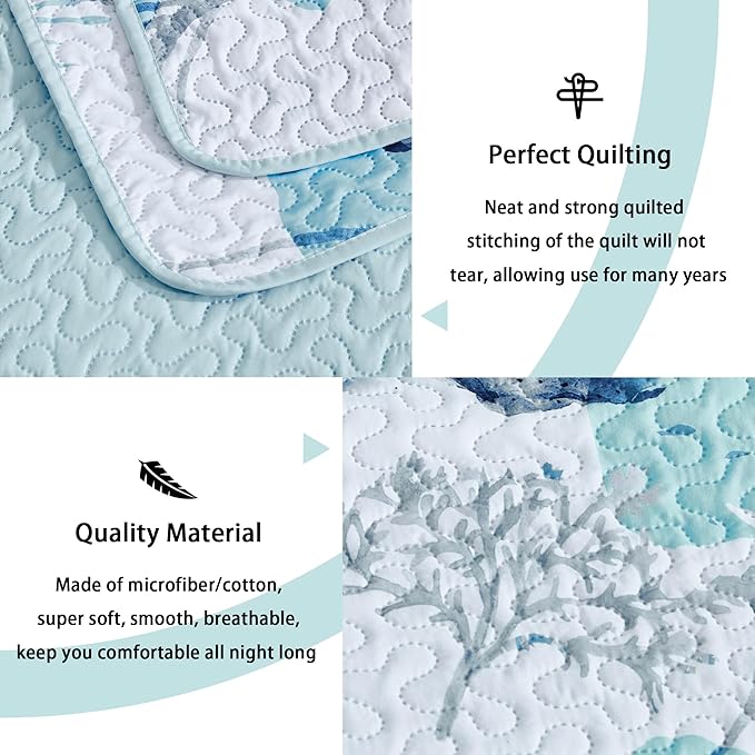Tritard 3 Piece Coastal Full/Queen Quilt Sets Nautical Reversible Lightweight Bedspread Coverlet with 2 Shams Blue Starfish Conch Beach Microfiber Bedding Quilt Set for All Season, 90''x96''