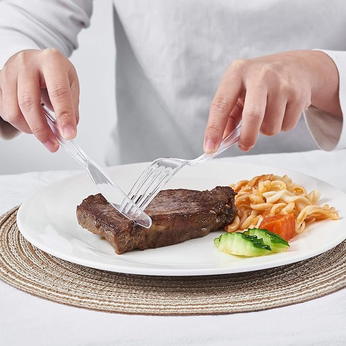 Cutlery Set Plastic Utensils Clear Forks Spoons Knives Disposable Silverware Heavyweight [300 Combo Box]