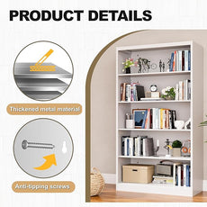 White Bookshelf, 55” Adjustable Tall Metal Bookshelf, 5-Tier Wide Bookshelf with Anti-Tilt Device, Modern Book Cases and Book Shelves for Bedroom, Living Room, Playroom, Study