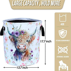 Highland Cow Laundry Basket Foldable Waterproof Oxford Cloth Funny Tote Bag Laundry Hamper Clothes Storage Bucket Toy Organizer For Bathroom/Laundry Storage/Bedroom Storage Basket 17.7x13.7 Inch