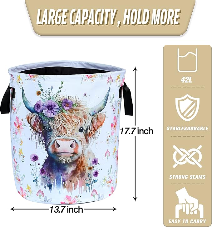 Highland Cow Laundry Basket Foldable Waterproof Oxford Cloth Funny Tote Bag Laundry Hamper Clothes Storage Bucket Toy Organizer For Bathroom/Laundry Storage/Bedroom Storage Basket 17.7x13.7 Inch