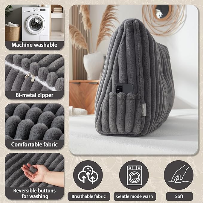 Headboard Pillow + A Long Neck Roll Pillow Body Pillow，Faux Fur Headboard Wedge Pillow with Removable Cover (Gray, Twin：39x8x20 inches)