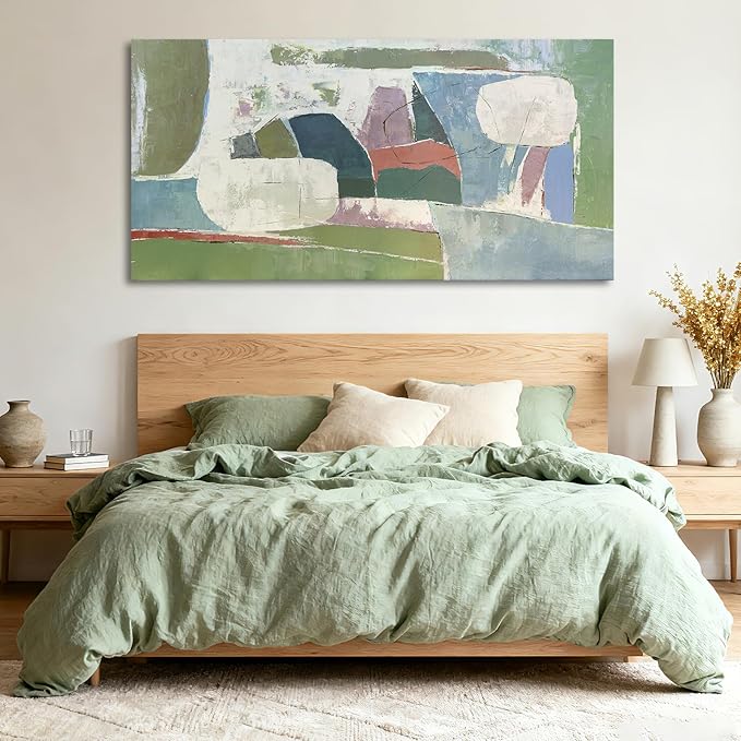 YETHEN WAL Sage Green Abstract Wall Art – 24×48 Large Minimalist Canvas Print, Neutral Olive & Blue Textured Artwork for Living Room or Bedroom Wall Decor