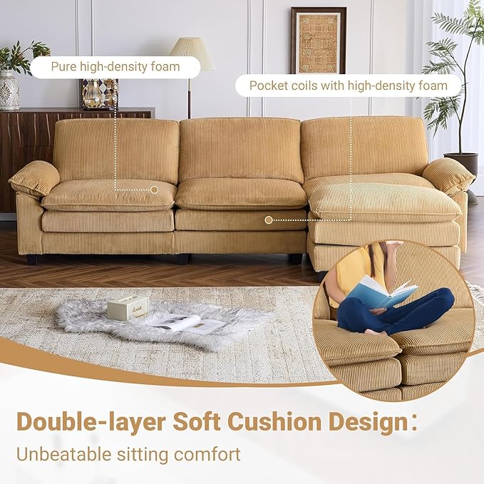 VINGLI 121" L Shape Sectional Couch, Convertible Sectional Couch for Living Room & Apartment,Modern 3-Seat Convertible Modular Sofa with 1 Ottoman，Corduroy,Khaki