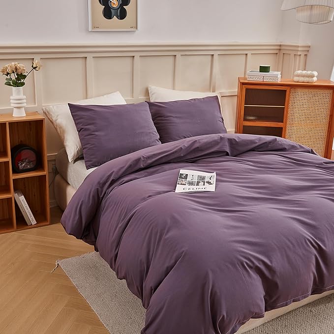 ECOCOTT Lilac Purple Duvet Cover Queen, 100% Washed Cotton 3 Piece Duvet Cover Sets 1 Duvet Cover with Zipper and 2 Pillowcases Bedding Set(Lilac Purple,Queen)