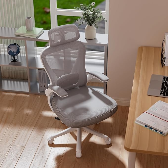 Ergonomic Office Chair M903, Computer Desk Chair with Wheels, High Back Mesh Office Chair with Adjustable Lumbar Support, Headrest, Flip-Up Armrests, Withe Grey