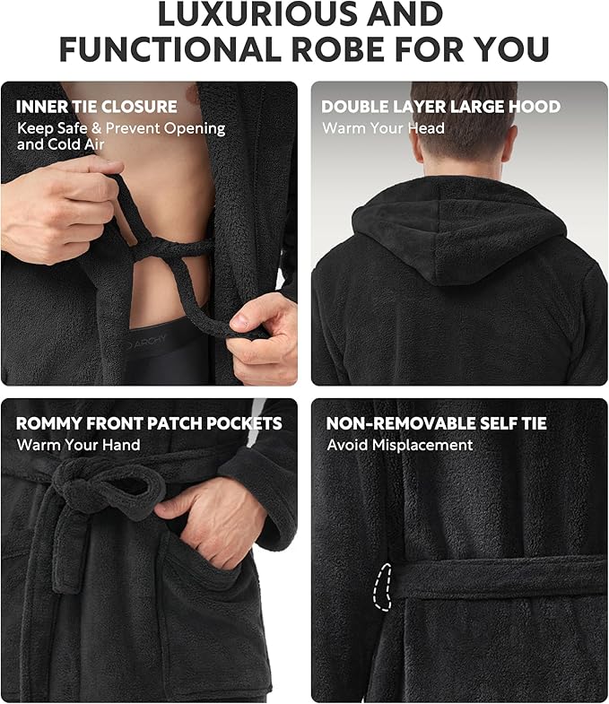 DAVID ARCHY Men's Hooded Robe Soft Coral Fleece Microfiber Bathrobe