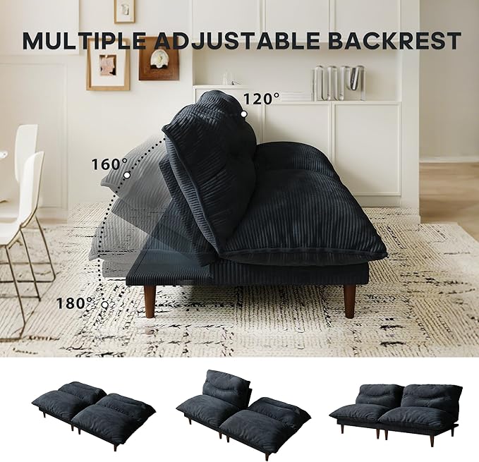 Futon Sofa Bed, 4 in 1 Multi-Functional Futon Couch with Adjustable Backrest, 75 inch Convertible Sleeper Sofa Bed and Recliner Lounge, Corduroy Loveseat for Living Room, Apartment, Black