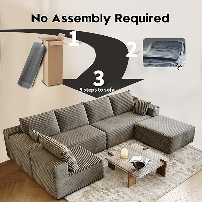 139.4" Modular Sectional Sofa, U-Shaped Minimalist Couches with Ottoman and Middle Seat, Modern Deep Seat Convertible Sleeper Sofa Bed, Reversible Chaise, Cloud Plush Corduroy Fabric,6 Seater, Camel