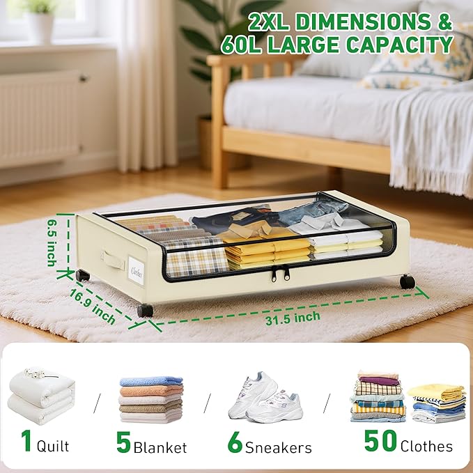 Beborxue Under Bed Storage with Wheels, 4-Pack Under Bed Storage Containers with Clear Lids, XXL 60L Under Bed Shoe Storage Organizer, Rolling Underbed Storage for Clothes, Shoes, Blankets (Beige)