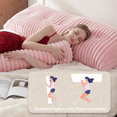 Headboard Pillow + A Long Neck Roll Pillow Body Pillow，Faux Fur Headboard Wedge Pillow with Removable Cover (Pink, Twin：39x8x20 inches)