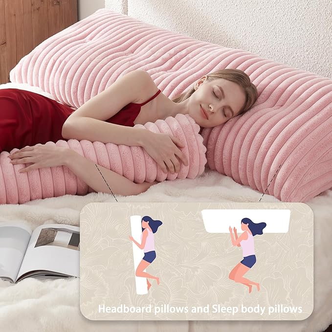 Headboard Pillow + A Long Neck Roll Pillow Body Pillow，Faux Fur Headboard Wedge Pillow with Removable Cover (Pink, Queen：59x8x20 inches)