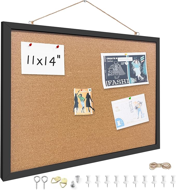 Cork Bulletin Board, 11x14 Inches Hanging Cork Board Wooden Framed with Pins for Wall, Dorm Room, Office, Home Decor – Natural Cork & Black Frame