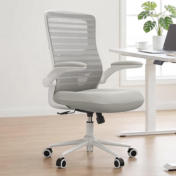 Office Chair for Long Hours & Lower Back Pain Relief – 4" Molded Foam Cushion, Padded Lumbar Support, and Padded Flip-up Armrests, Ideal for Office or Study, Light Gray