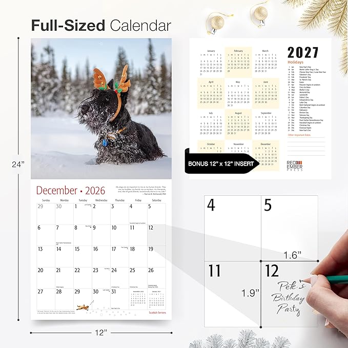 RED EMBER Scottish Terriers 2026 Wall Calendar 12 Month | 12" x 24" Open | Thick & Sturdy Paper | Holiday Gift | Cute Puppy Dog Calendar 2026