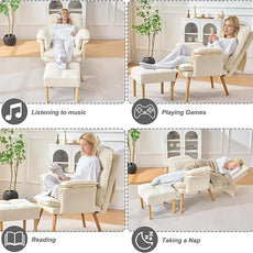 Modern Adjustable Accent Chair with Ottoman, Soft Fabric Reading Chair with Adjustable Backrest and Pillow, Comfy Lounge Chair with Armrests for Living Room, Bedroom, Apartment, Office, Dorm,Beige