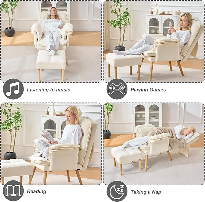Modern Adjustable Accent Chair with Ottoman, Soft Fabric Reading Chair with Adjustable Backrest and Pillow, Comfy Lounge Chair with Armrests for Living Room, Bedroom, Apartment, Office, Dorm,Beige