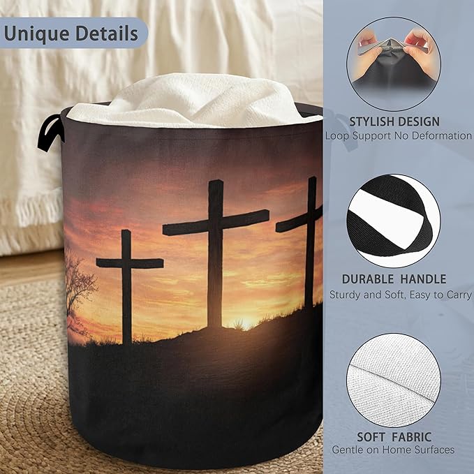 Cross Sunset Laundry Basket,Foldable with Handles Tote Bag Oxford Cloth for Bathroom Bedroom Dirty Clothes Storage Bucket 16" x 20.8"
