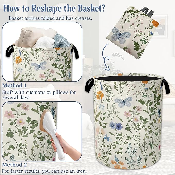 Wildflowers Laundry Hamper With Handle,Foldable Oxford Cloth Vintage Plants Herb Flower Butterfly Laundry Basket,20.8"x16" Clothes Storage Basket for Laundry Room/Bedroom/Bathroom