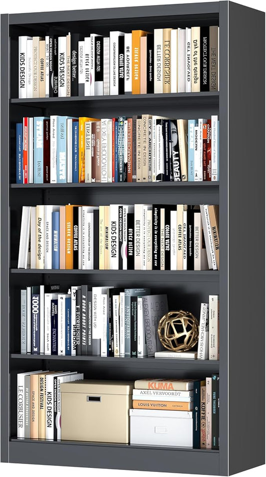 Bookcase,5 Tier Black Bookshelves,55" Tall Free Standing Metal Bookcase with Adjustable Storage Shelves, Industrial Wide Bookshelf for Bedroom Living Room Home Office School (Black)