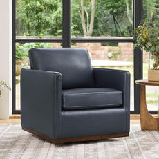 CHITA Genuine Leather Swivel Accent Chair, FSC Certified Mid Century Modern Arm Chair for Living Room and Bedroom, Fully Assembled, Navy