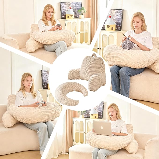 Back Pillow for Bed Sitting Up,U Shaped & Back Support Pillow for Bed,17" Backrest with Lumbar & Arm Support,Comfy Corduroy Fabric,Lap Pillow for Gaming/Reading/Watching TV,White