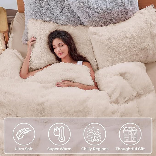 Sasttie 2-Piece Fluffy Duvet Cover Twin/Twin XL, Ultra Soft Faux Fur and Velvet Beige Comforter Cover, Luxury Fuzzy Bedding Sets for Winter Bed, Includes 1 Duvet Cover and 1 Pillowcase, No Comforter