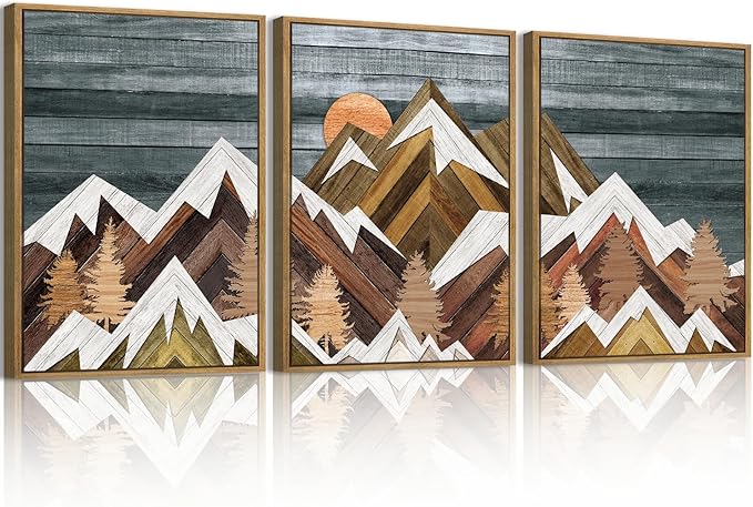 Framed Mountain Wall Art Boho Mountain Wall Decor Modern Nature Artwork 12" Lx16 W Set of 3 for Living Room Bedroom Office