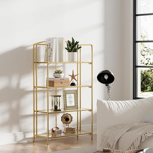 Crofy No Assembly Folding Bookshelf for Living Room, 4 Tier Gold Collapsible Book Shelf for Home Office, Portable Bookcase Storage Organizer